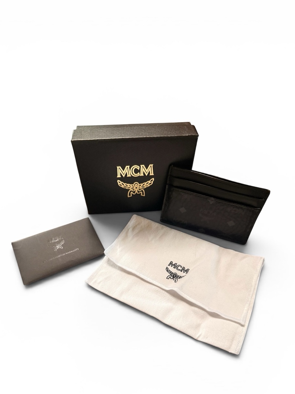 MCM Black Leather & Monogram Card Holder with Gold Logo Box